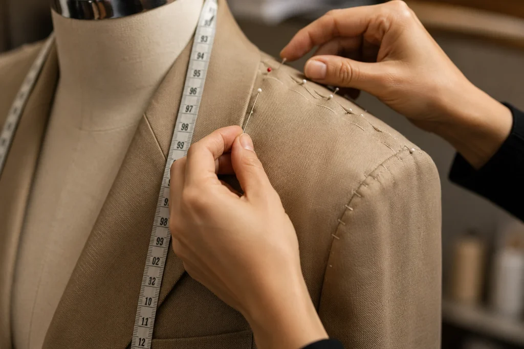 Close-up of a tailor adjusting the shoulder fit of a blazer"
File Name