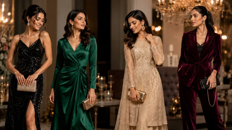 Four women wearing elegant party outfits including sequin dresses, satin gowns, embellished evening wear, and a velvet pantsuit in a luxury indoor party setting.