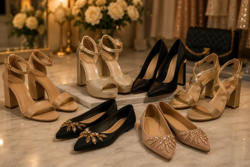 Collection of stylish block heels, platforms, and embellished flats for party wear.