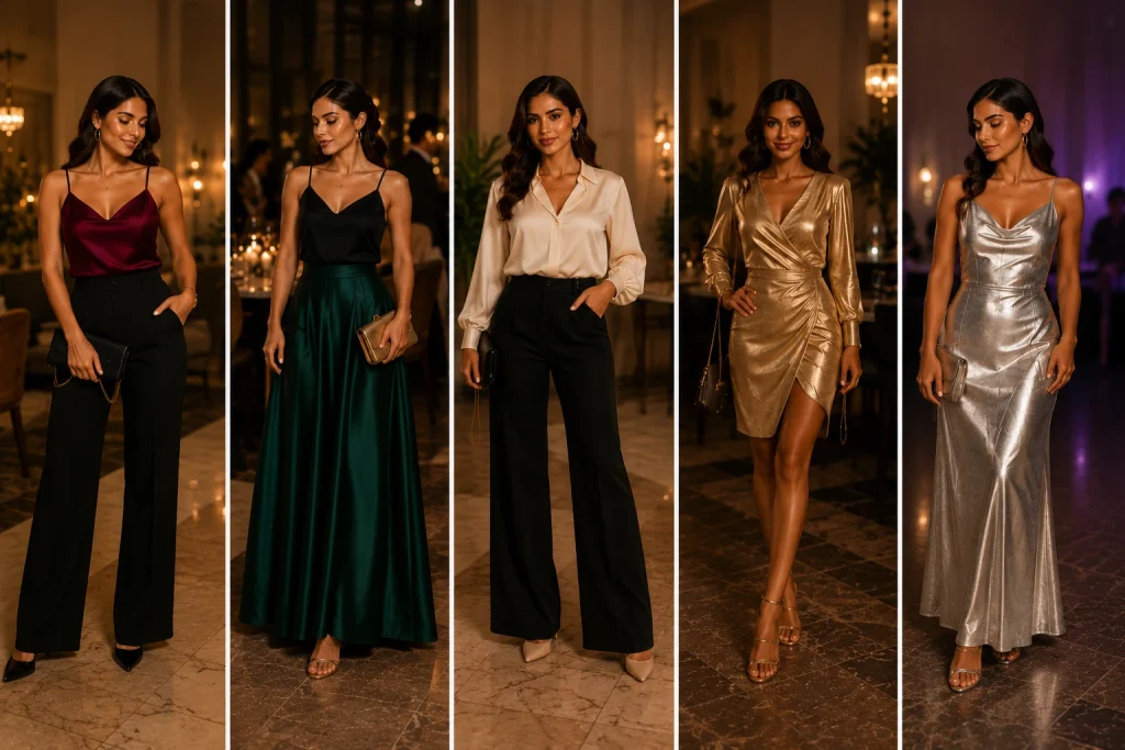 Five stylish party outfits in jewel tones and metallic colors.