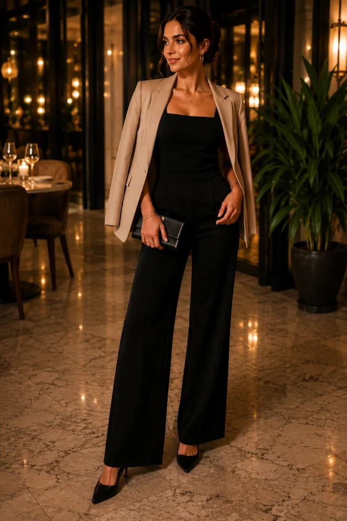 Woman wearing a chic black jumpsuit with a beige blazer.
