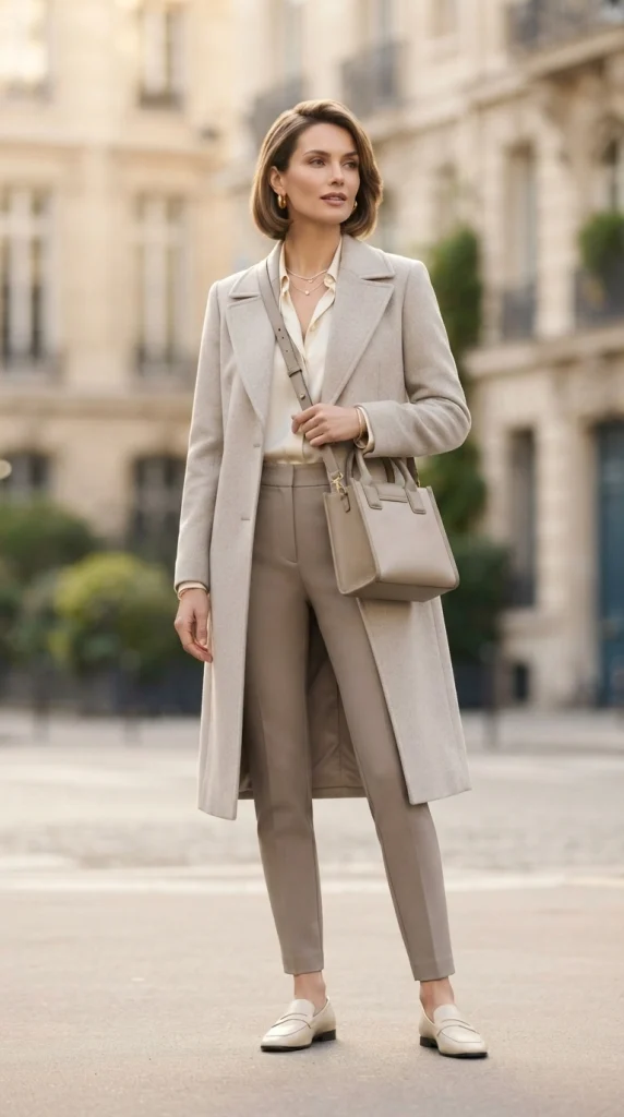 Woman wearing neutral accessories with a structured handbag.