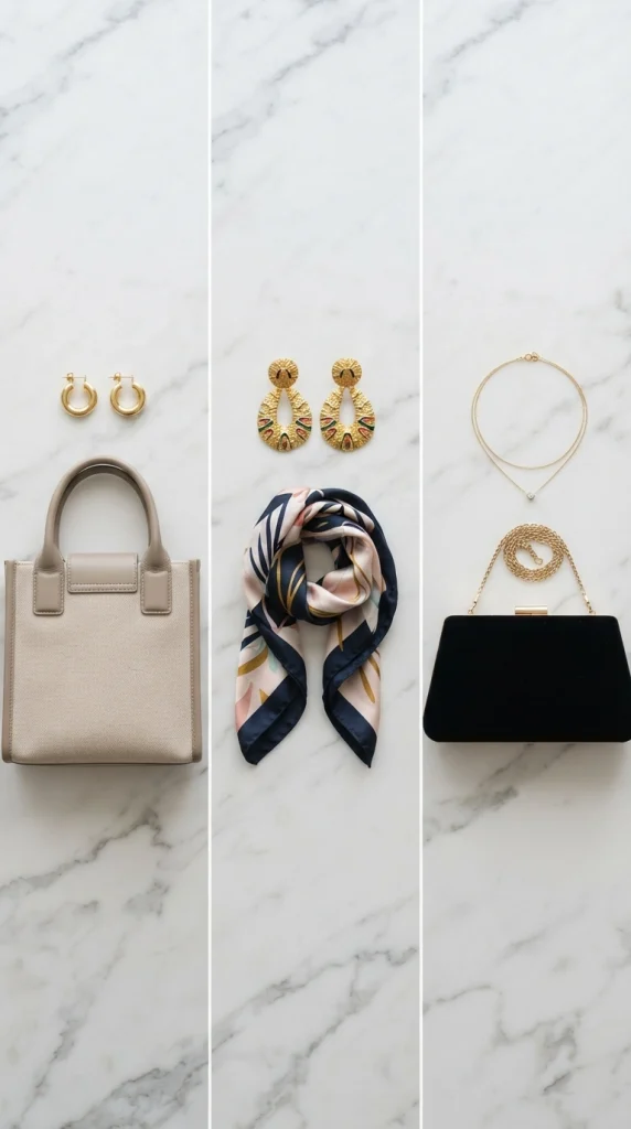 Fashion accessories arranged for elegant outfit styling.