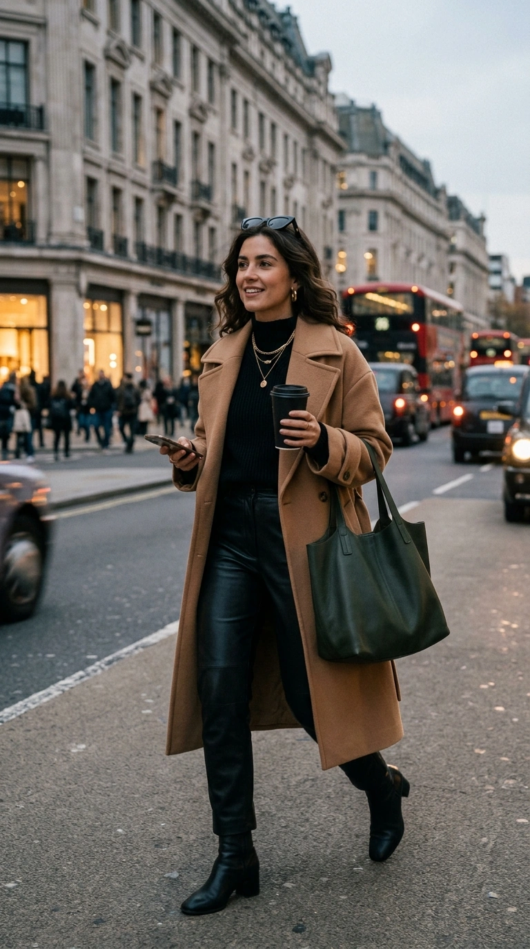 Woman wearing a camel coat with a tote bag and layered jewelry.
