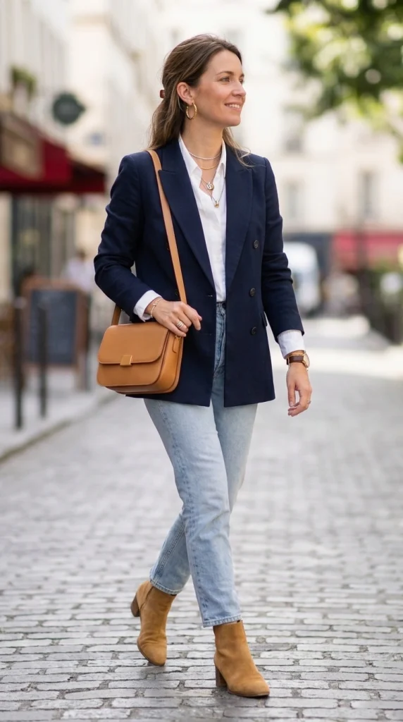 Woman wearing a crossbody bag with layered jewelry and a blazer.