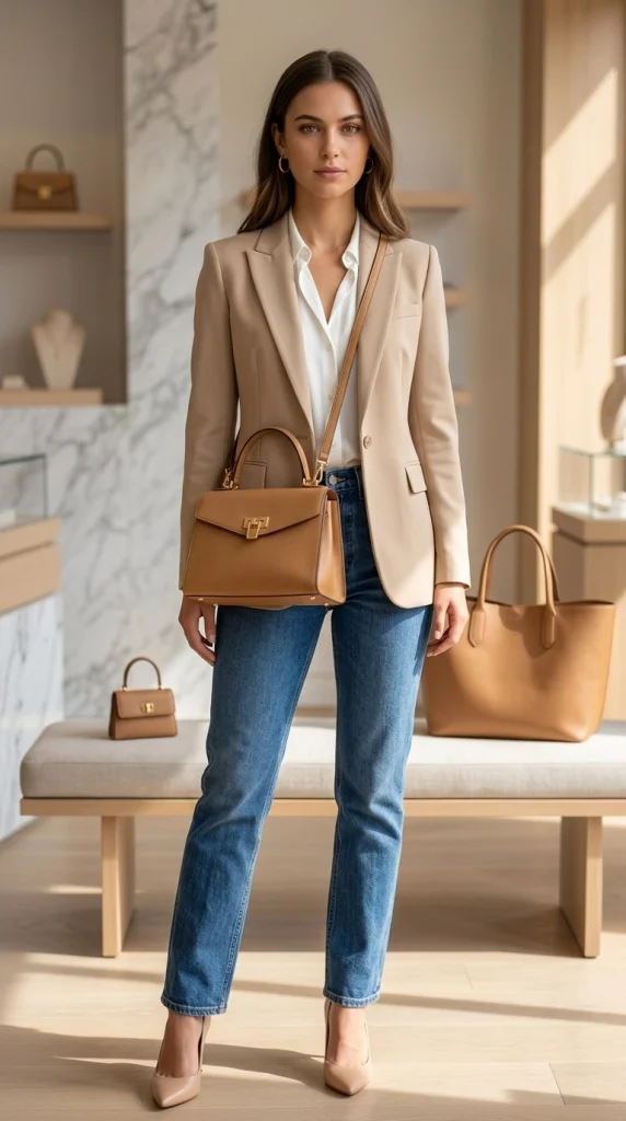 Woman wearing a structured crossbody handbag with a smart casual outfit.