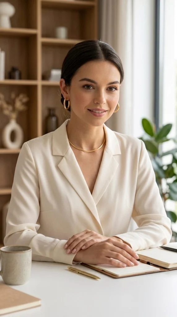Professional woman wearing hoop earrings and a choker necklace.