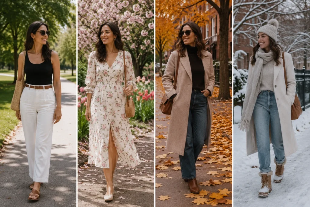Seasonal chic outfit examples for spring, summer, fall, and winter