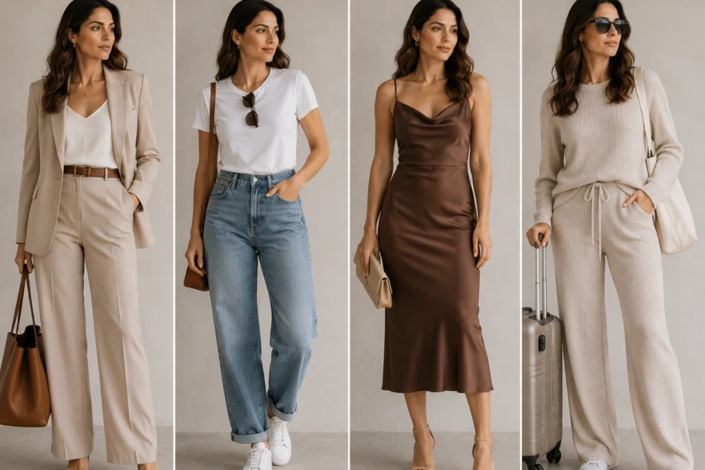 Four chic outfit examples styled for office, weekend, dinner, and travel occasions