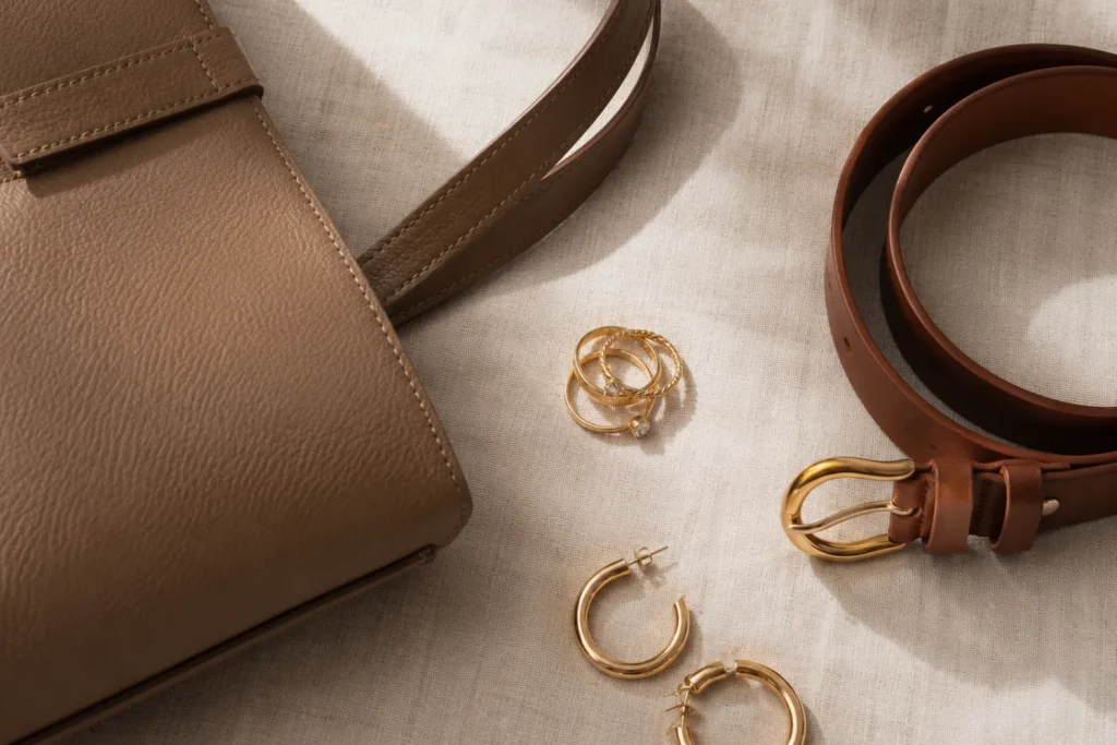 "Curated minimal accessories including a structured bag, gold jewelry, and a leather belt