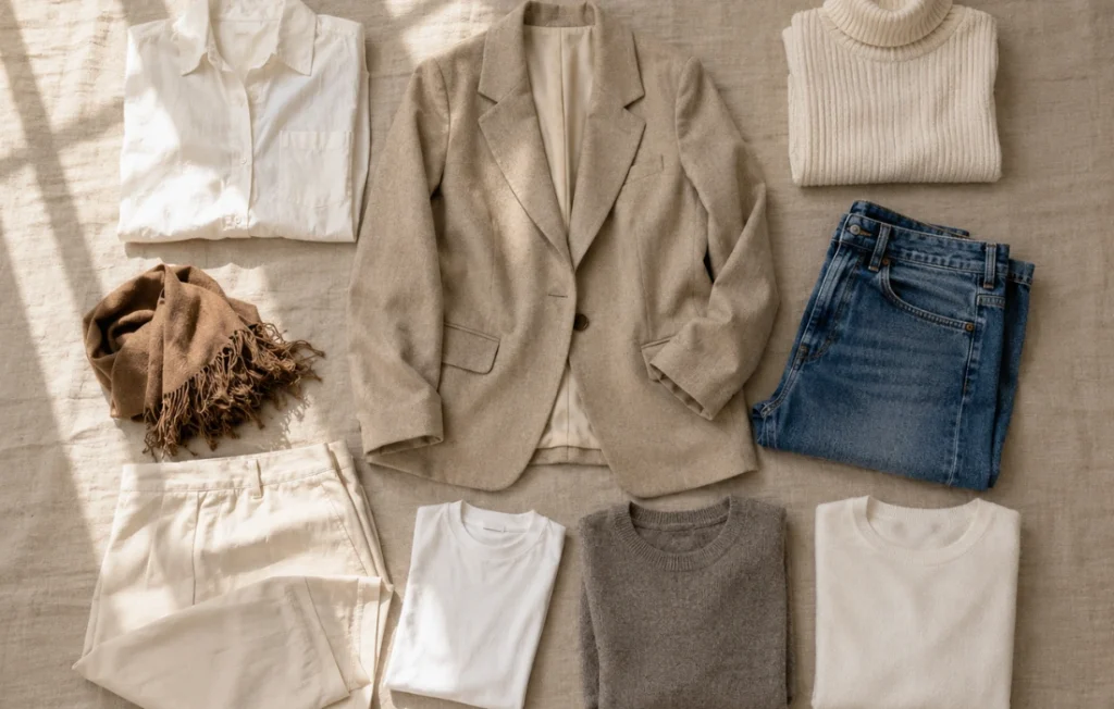 Flat lay of essential wardrobe staples including a blazer, trousers, jeans, and neutral knitwear