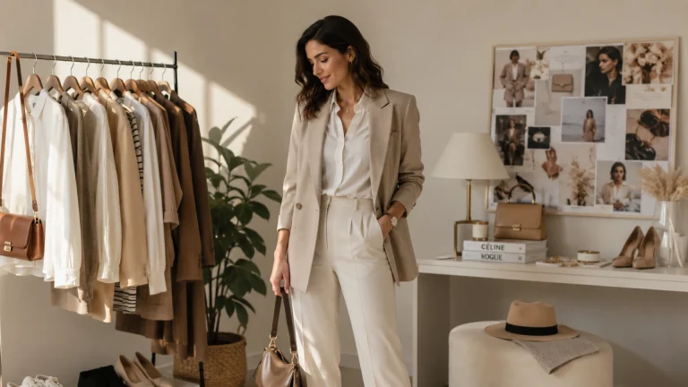 Woman wearing a chic neutral outfit with a tailored blazer, white shirt, and straight trousers