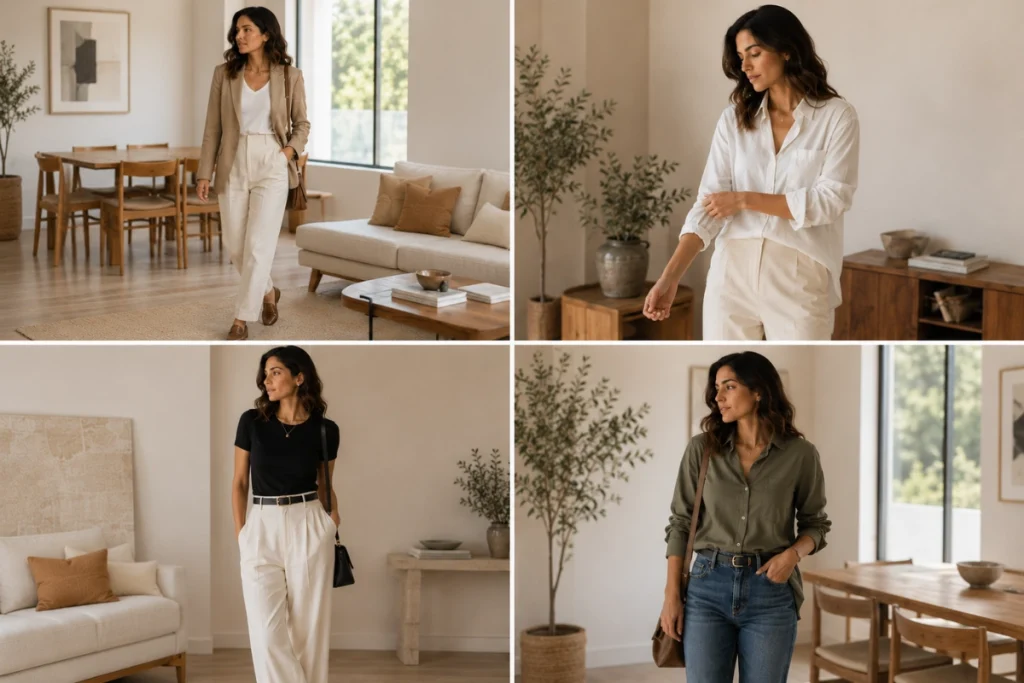 Four example outfits showing repeatable chic outfit formulas for women