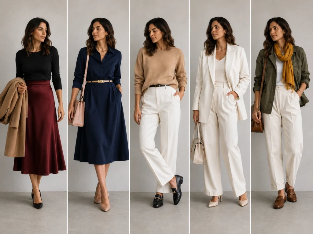 Neutral fabric color palette showing black, camel, navy, white, and olive for outfit pairing