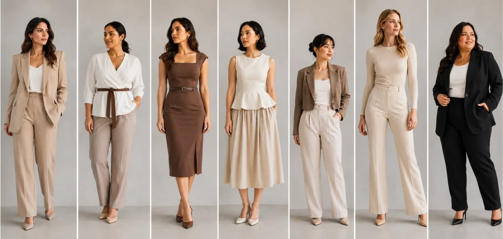 Diverse group of women wearing well-fitted chic outfits suited to different body types